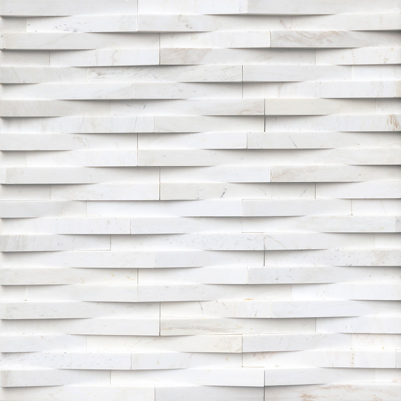 A close up of a 3D veneer panel called Cosmic Wave in the color white. This marble veneer has undulating profile like waves