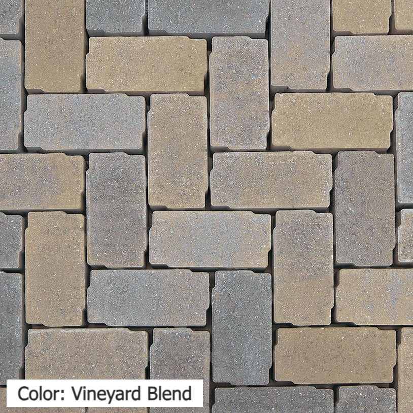 Thumbnail: Color swatch of 4"x8" permeable concrete brick pavers in the color Vineyard grey and tan blend. Pavers by Ideal
