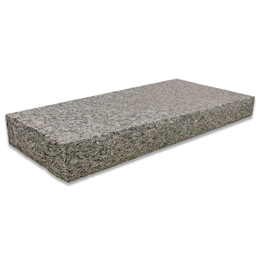 Thumbnail: Isolated product shot of Caledonia granite steps. The top is slip resistant and the front edge and side edges are rockfaced.