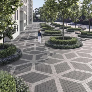  A kaleidescape pattern created in a public space using Techo Bloc Diamond Pavers in the colors Onyx Black and Greyed Nickel
