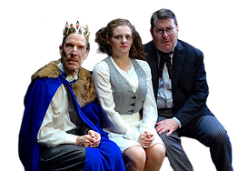 Steve Steiner stares out in a crown, in the middle Yelena Shmulenson with Allen Lewis Rickman all in comic faces from The Essense - the off-broadway Yiddish drama and musical comedy