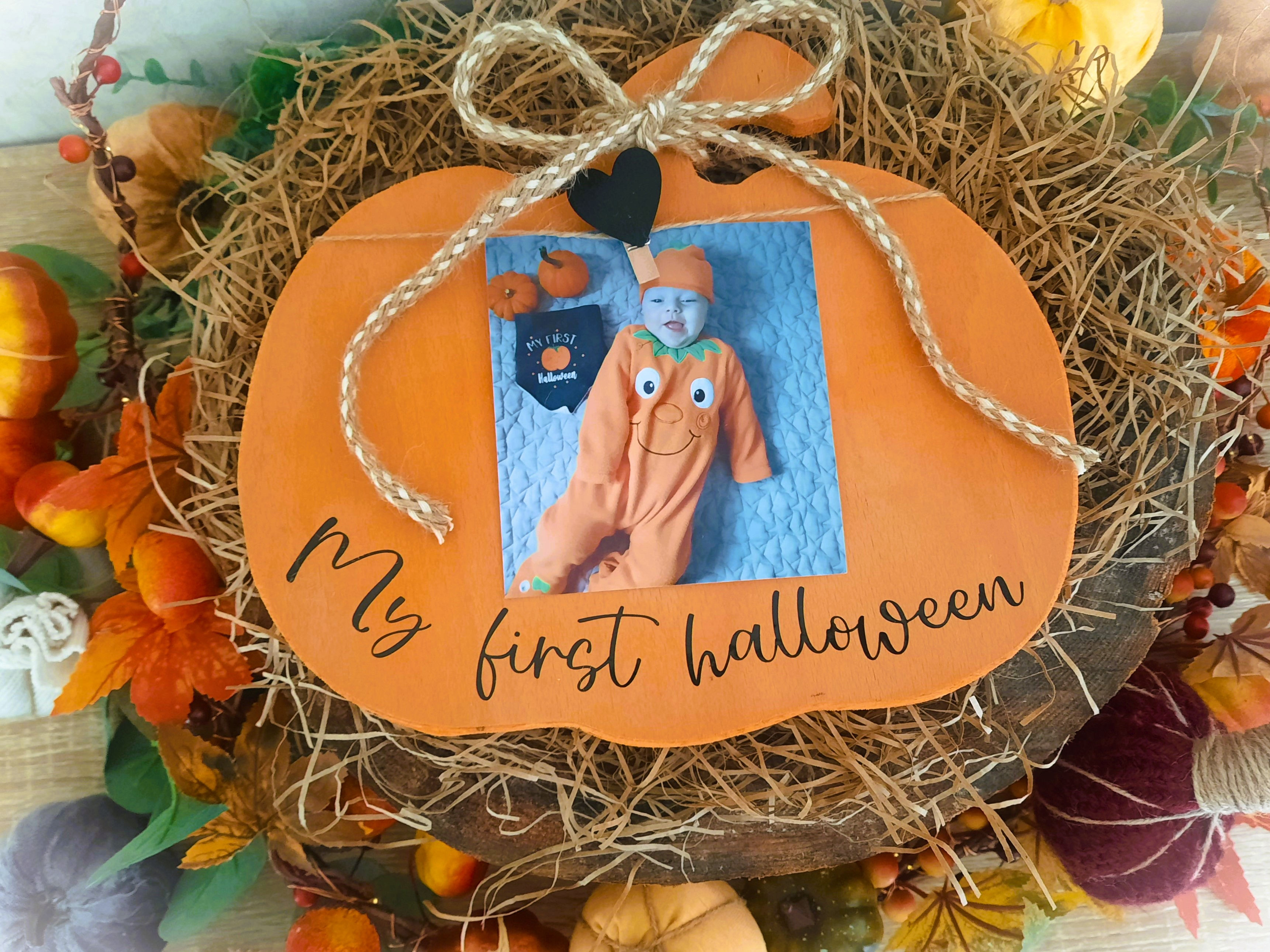 Handmade Wooden Pumpkin Wall Hanging: First Halloween Photo Keepsake