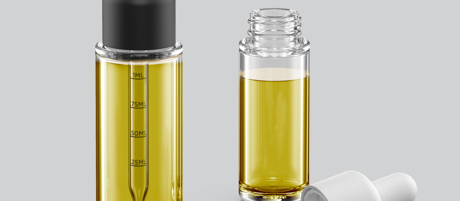 Three transparent dropper bottles filled with yellow liquid on a gray background. One is closed, the other open, with a separate dropper.