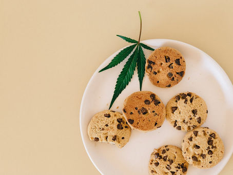Plate of chocolate chip cookies with a cannabis leaf on a beige background. One cookie is partially eaten, creating a casual mood.