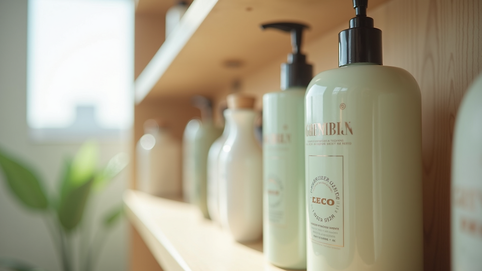Eye-level view of a bathroom shelf with eco-friendly hygiene products in recyclable packaging