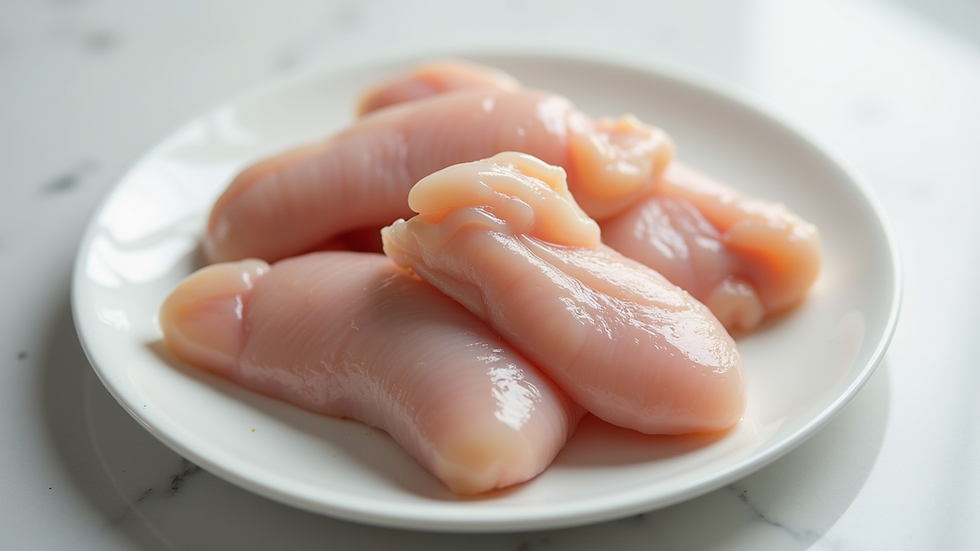 Close-up view of raw chicken pieces on a clean white plate