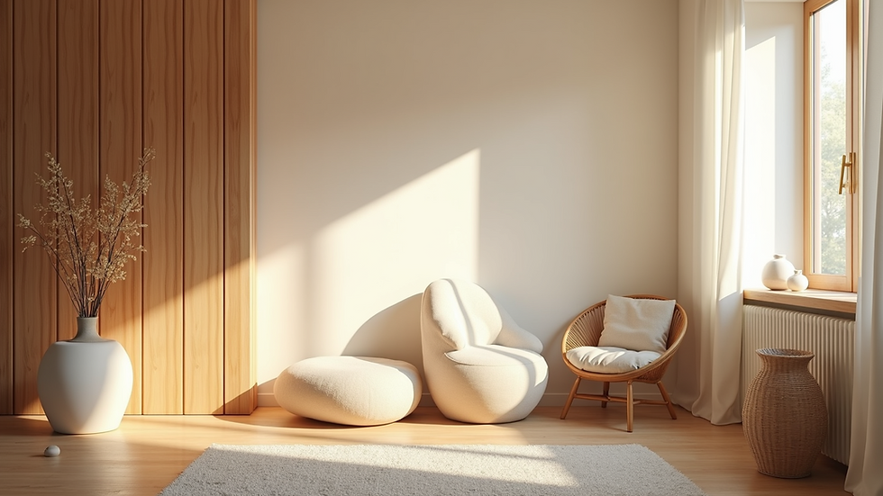 Eye-level view of a serene healing space with soft lighting and comfortable seating
