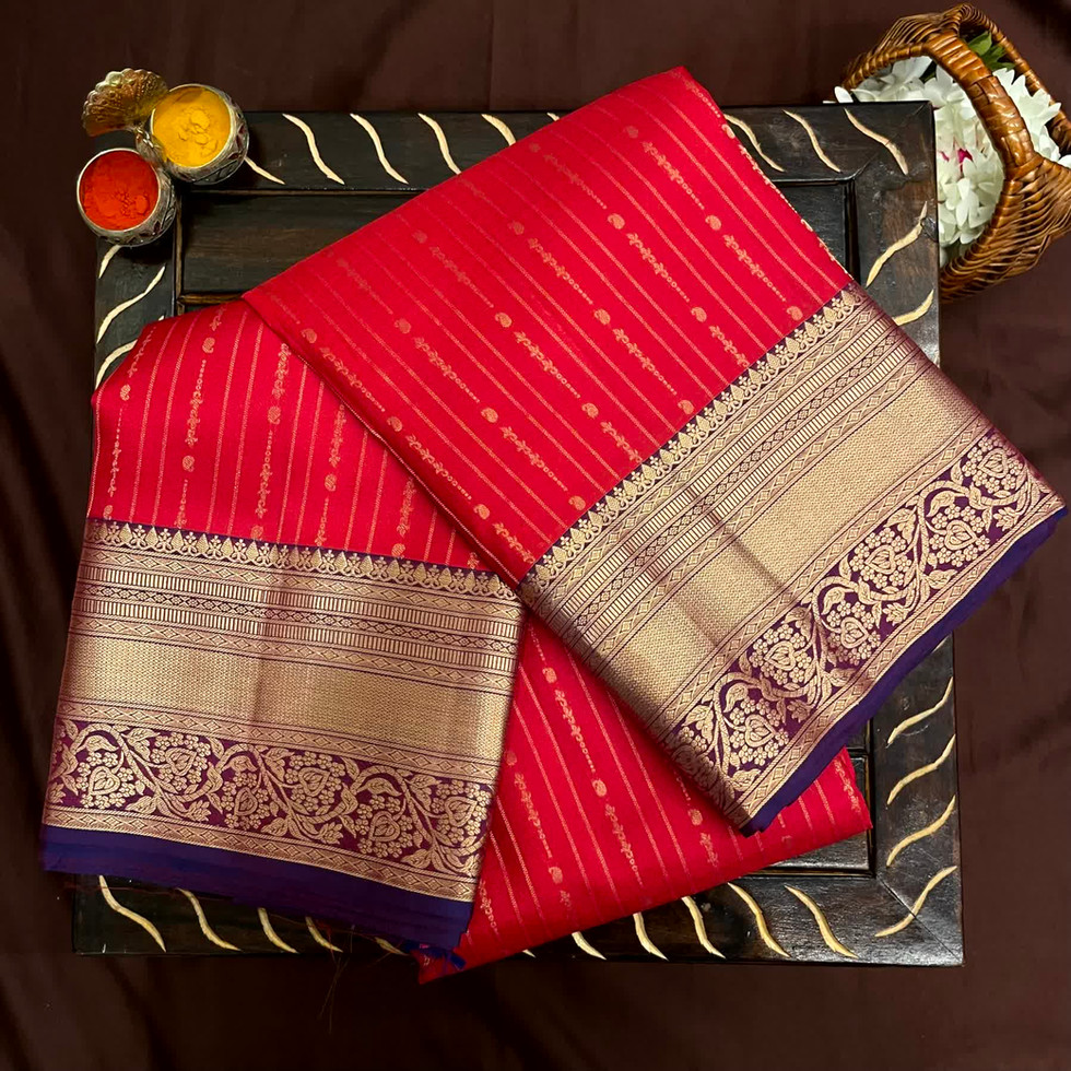 Pure Handloom Kanchi Pattu Red Saree With Stripes Design  / kanjivaram saree / Handloom saree