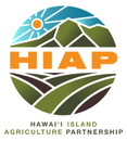 Hawaiʻi Island Agriculture Partnership Logo. Blue, green, orange and white logo depicting sun, sky, mountains, and fields within a circular form. HIAP in orange bold typeface across the center of the graphic. "Hawaiʻi Island Agriculture Partnership" is written beneath the logo in shades of green.