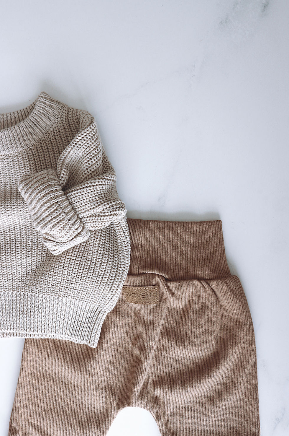 Baby brown ribbed leggings and stone knitted sweater