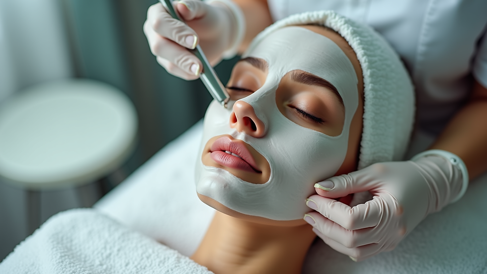 Eye-level view of a skincare professional applying a facial mask in a treatment room