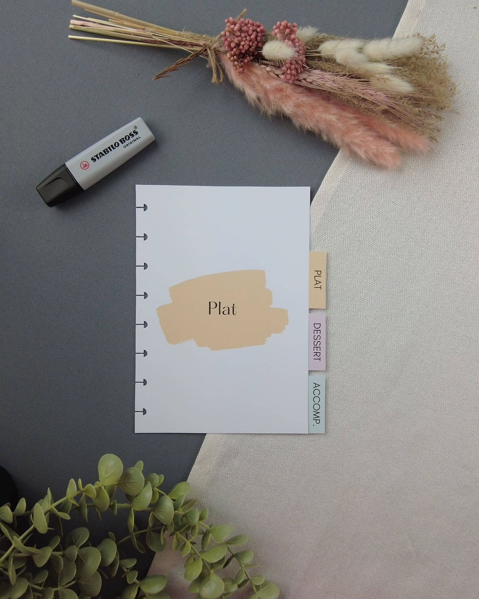 Intercalaires rechargeables pour carnet de recettes A5 : entrées, plats, desserts et accompagnements