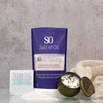 thinking of you gift set from Salt & Oil - relaxing bath soak, soy candle with crystals, organic tea bag