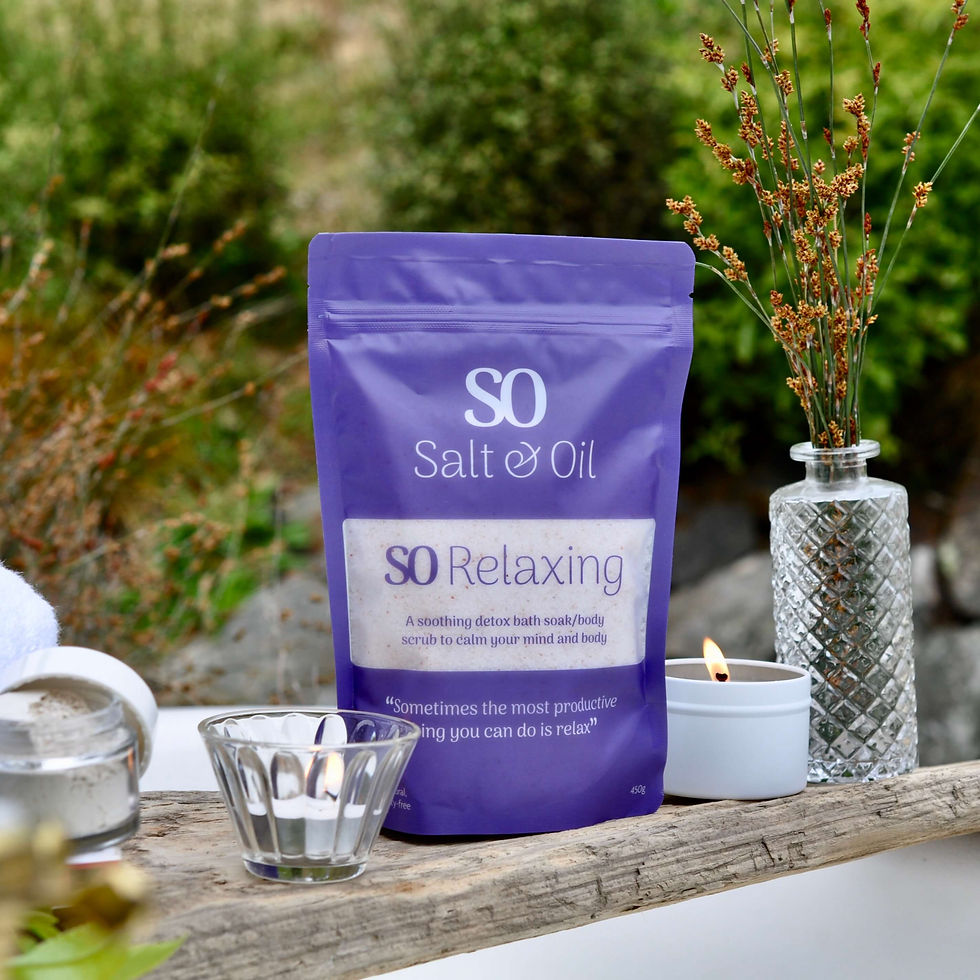 relaxing Salt & Oil bath soak made with natural epsom salt, lavender and bergamot, on a bath