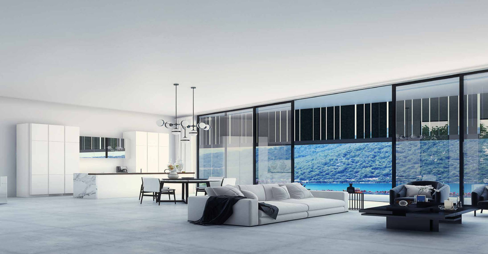 Spacious open-concept living and dining area with sea views in Bodrum villa.