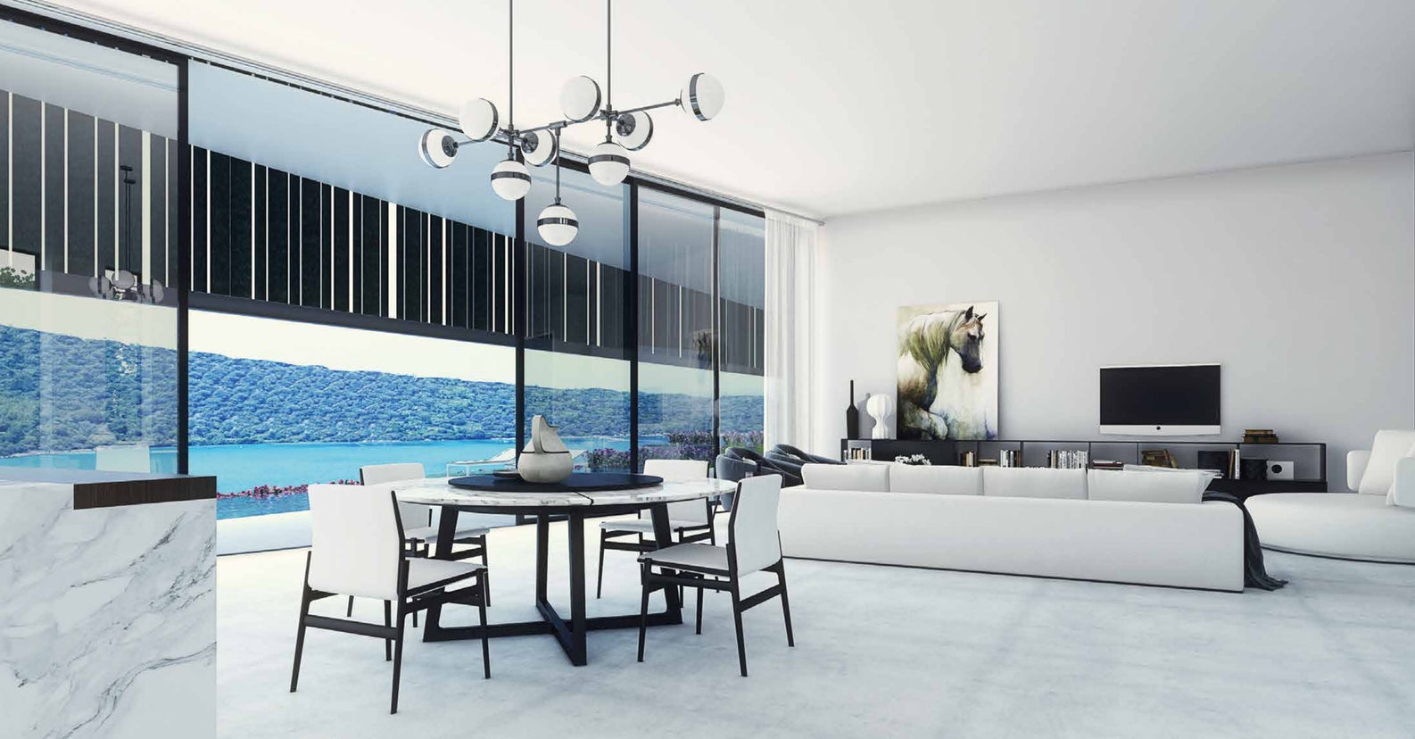 Elegant white open-plan living room with panoramic sea views in Bodrum villa.