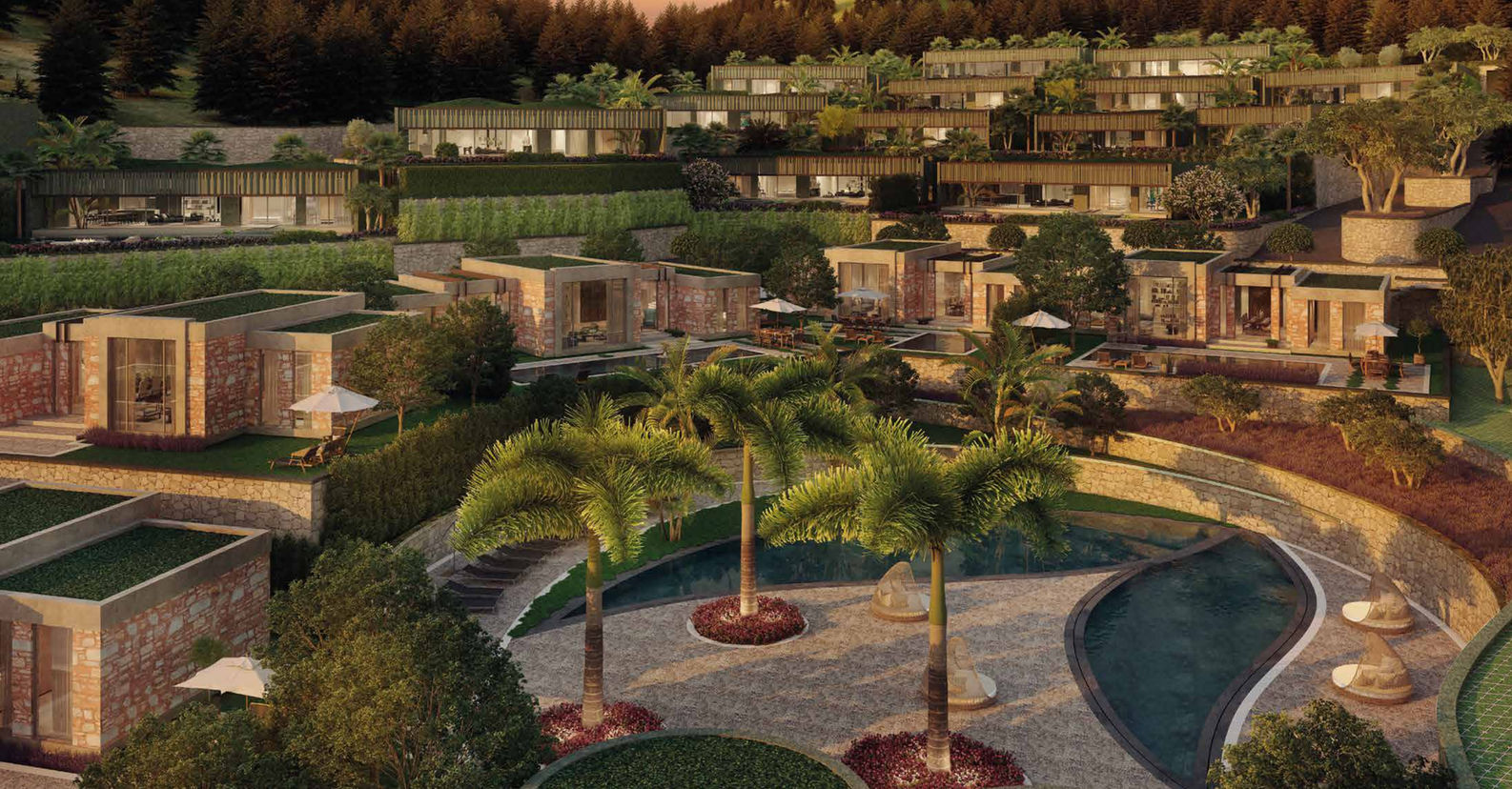 Bird’s-eye view of luxury residential complex with pools and gardens in Bodrum.