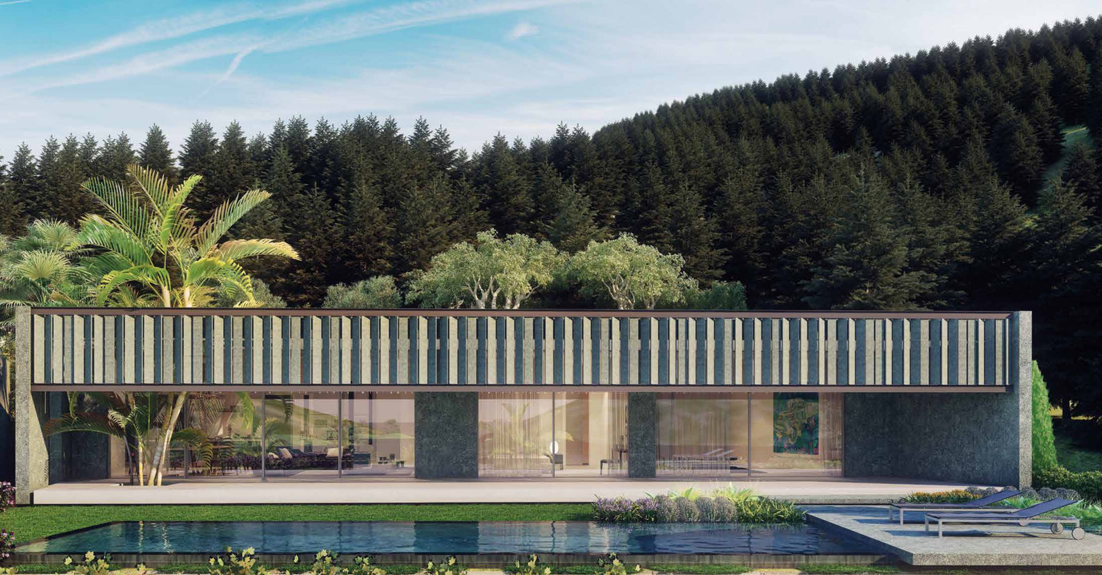 Modern minimalist villa with forest backdrop in Bodrum.