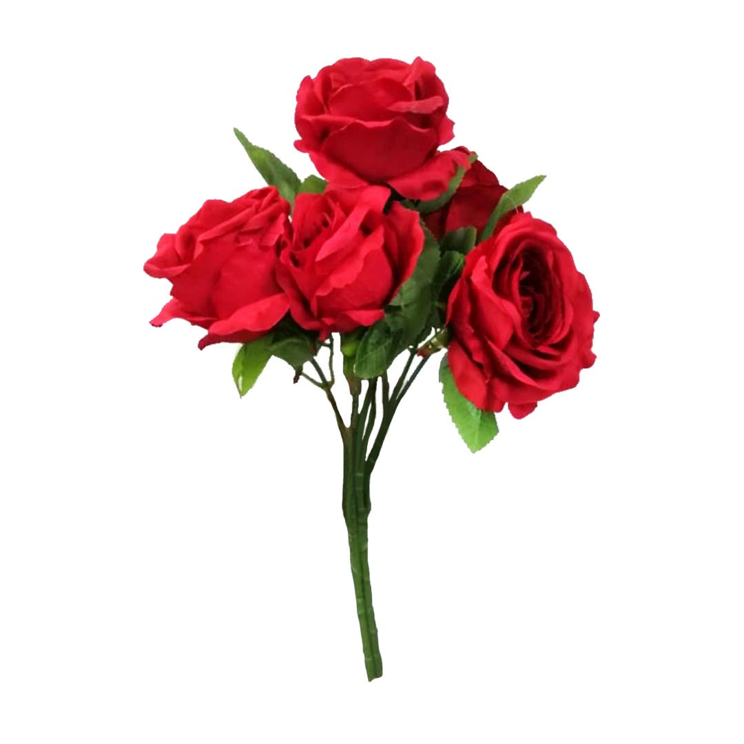 Red artificial velvet rose flower bush with 5 heads for event decoration rental in Malaysia.