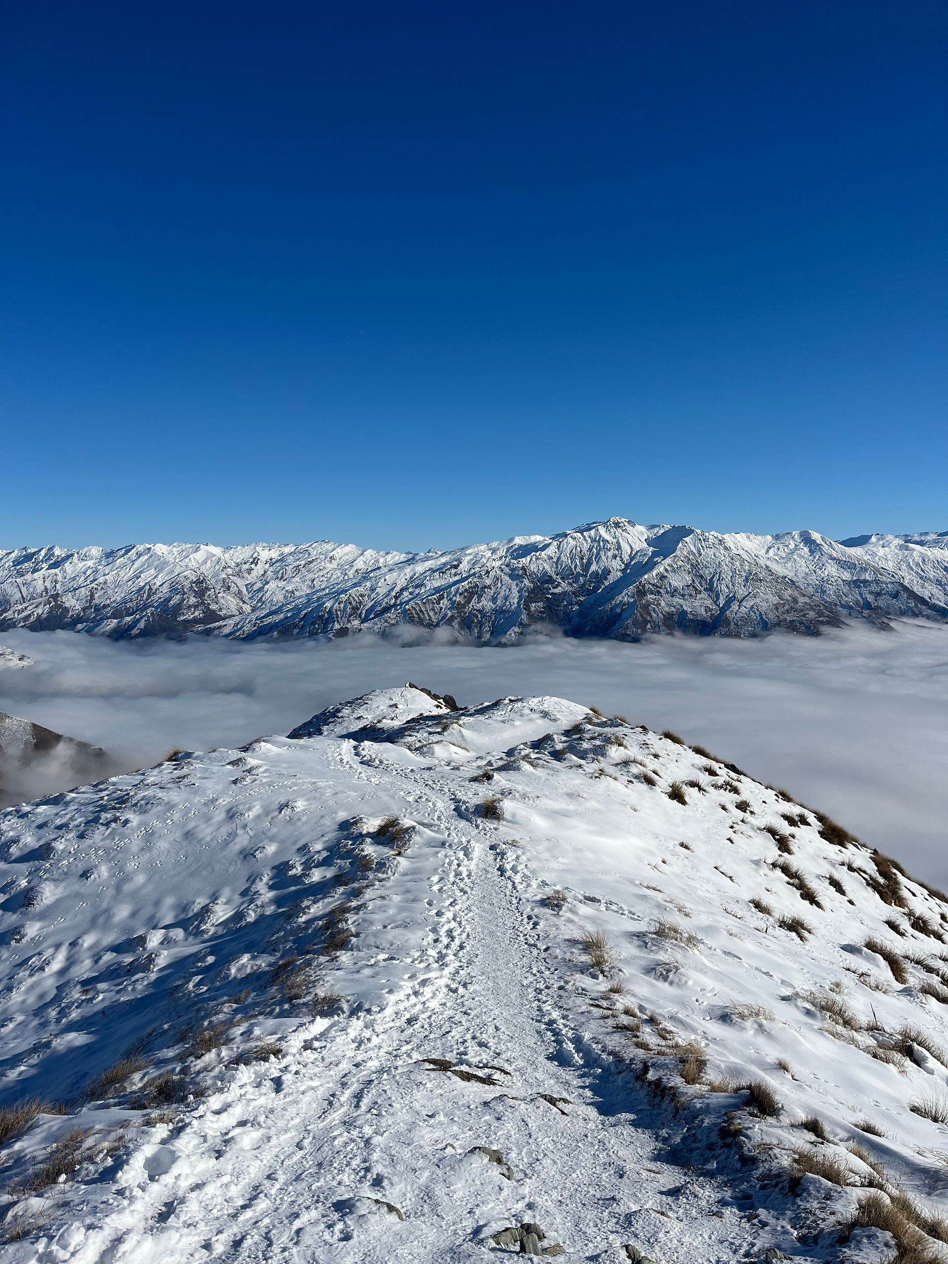 De bergkam van Roys Peak met besneeuwde bergen op de achtergrond
