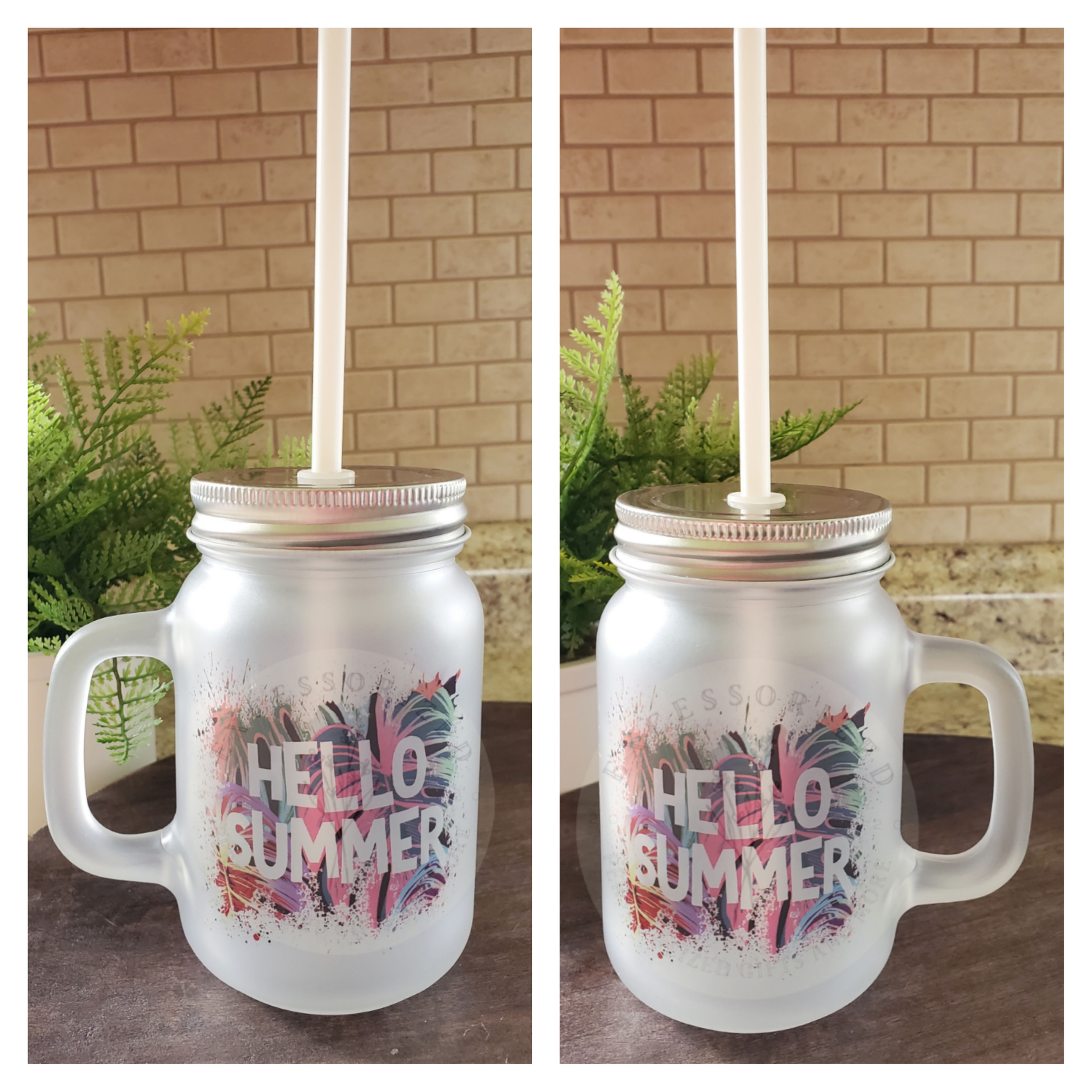 Hello Summer Palm Fronds Mason Jar