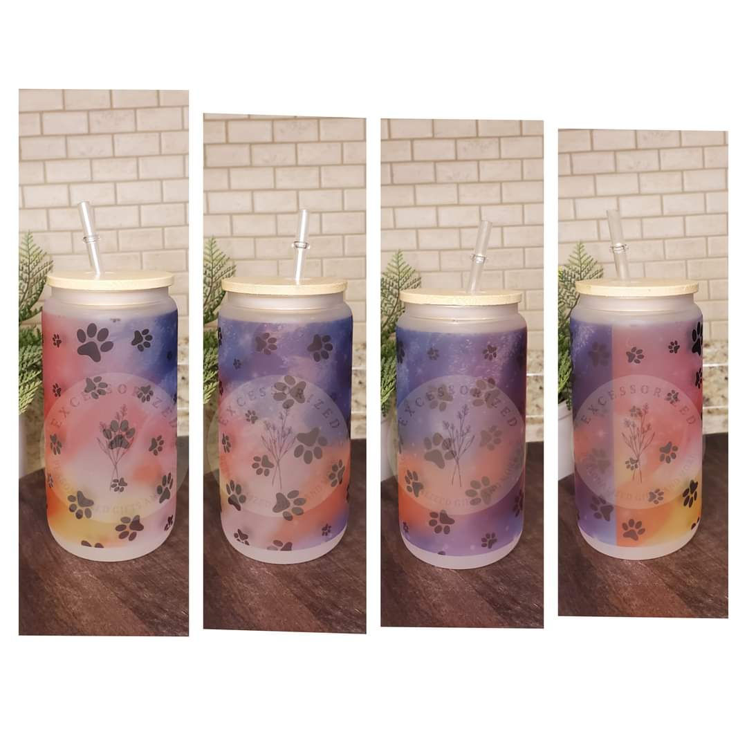 Watercolor Rainbow Paw Print Glass Cans