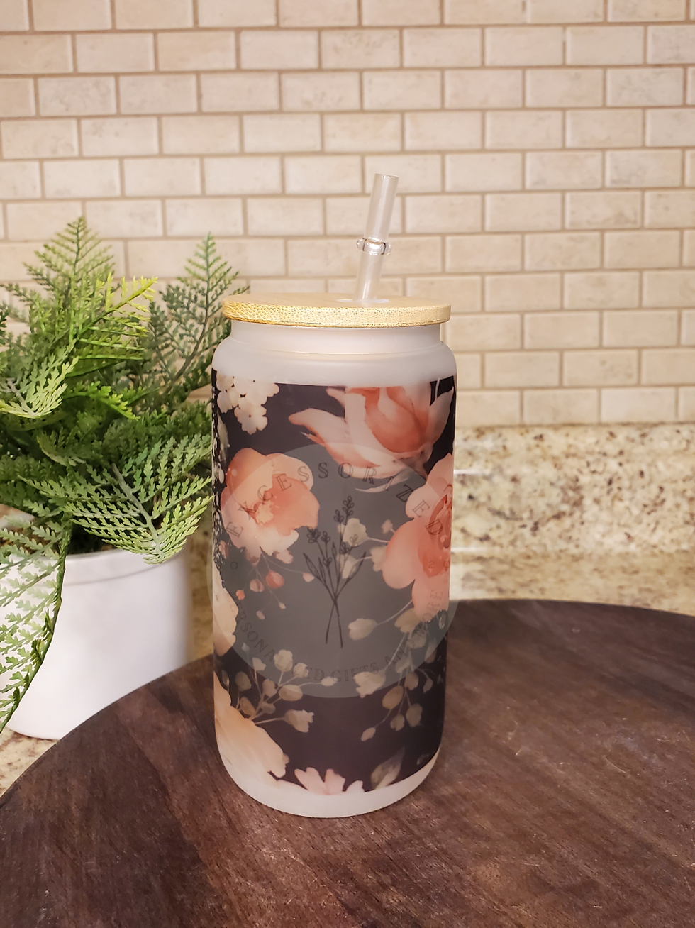 Thumbnail: Black Floral Messy Bun Mom Life Glass Can
