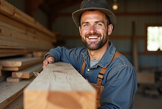 A friendly, skilled timber yard worker holding a piece of quality timber, smiling. Natural