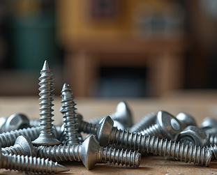 Close-up-shot-of-assorted-stainless-steel-screws-scattered-on-a-rustic-wooden-workshop-ben