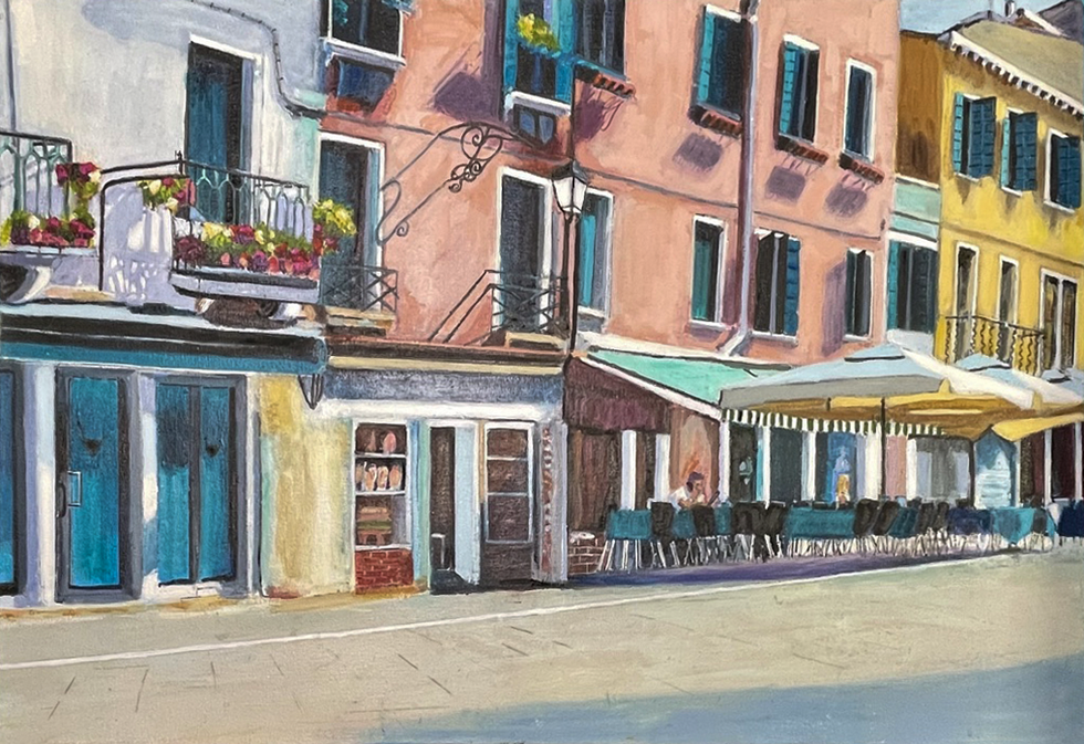 Original oil painting on canvas with acrylic base depicting colorful Venetian buildings and canal reflections, 36x24 inches, 2024.