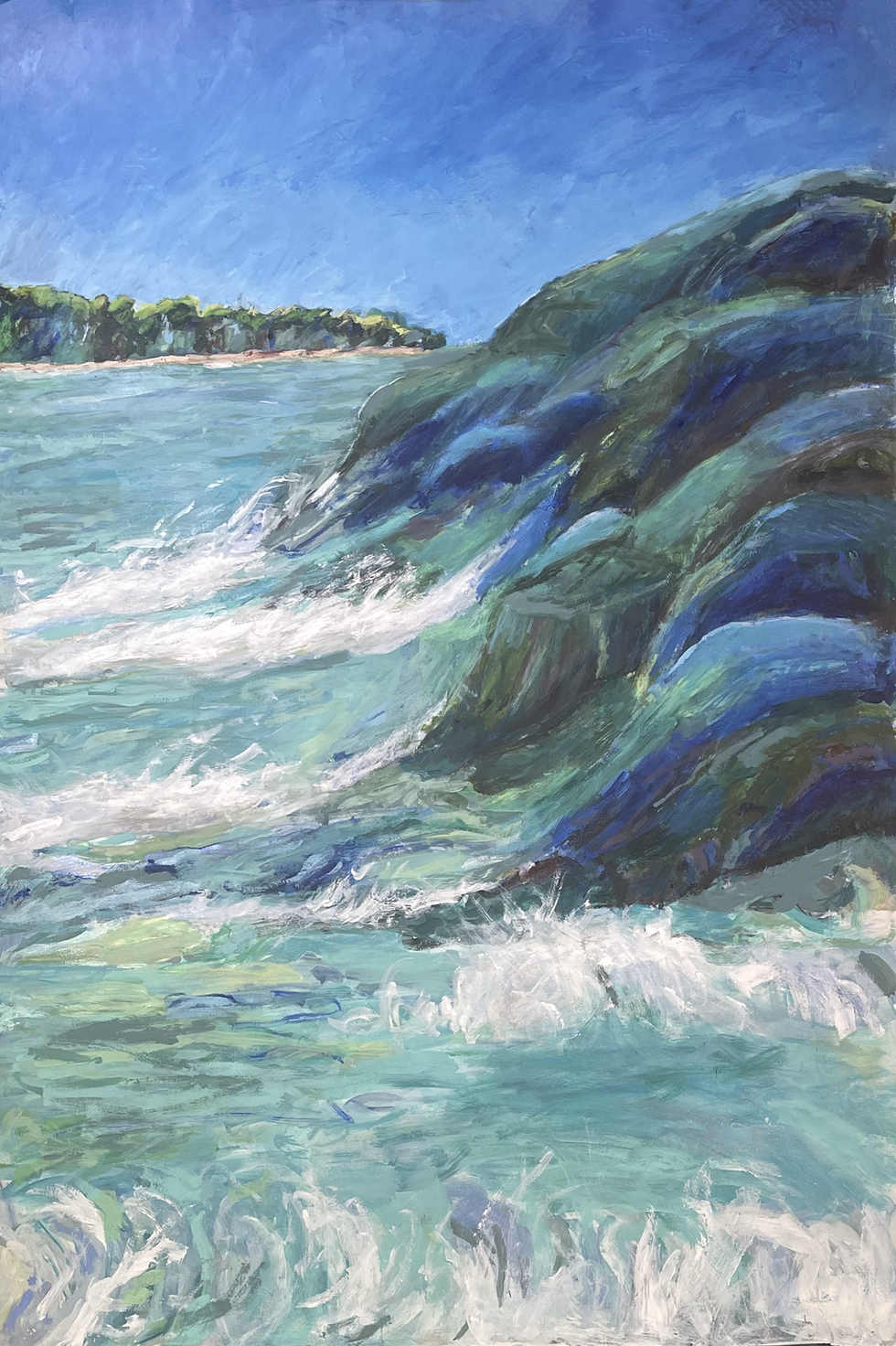 Acrylic painting of ocean waves crashing with an island in the background — expressive and nature-inspired.