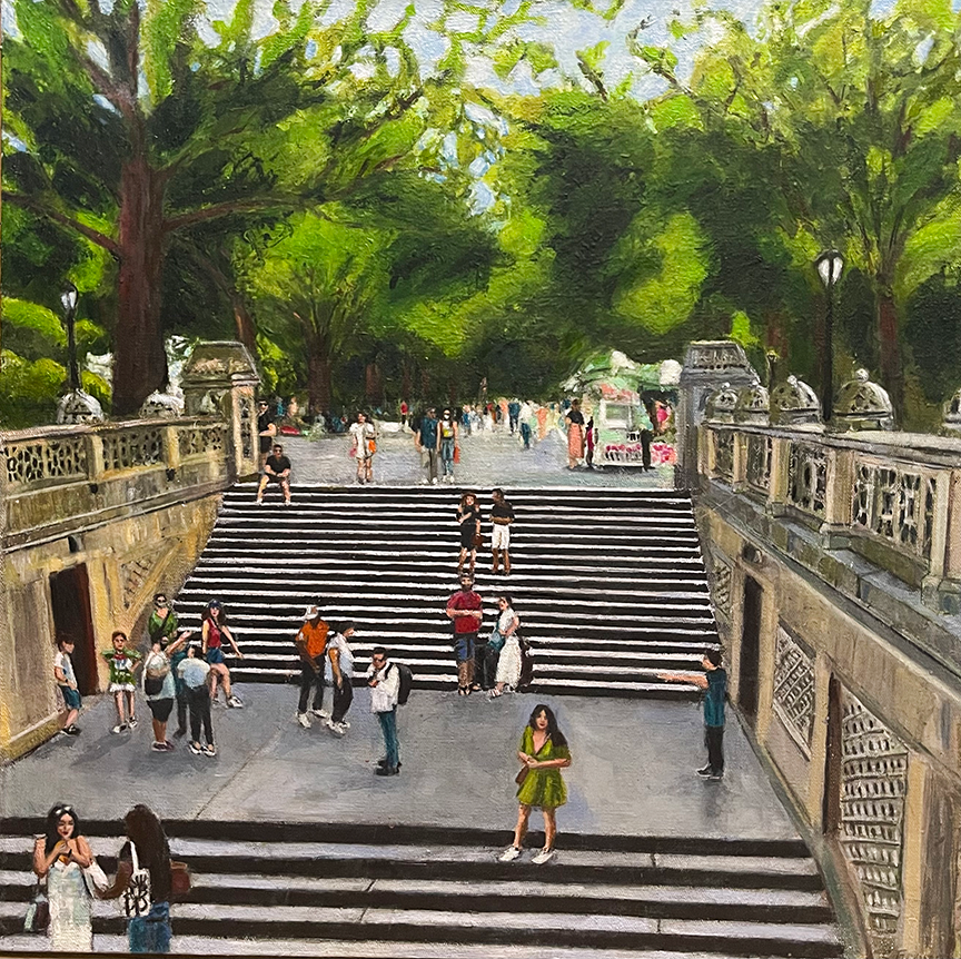 Painting of a busy outdoor staircase with people walking, talking, and gathering in a tree‑lined public space, featuring detailed architecture and a lively urban atmosphere.