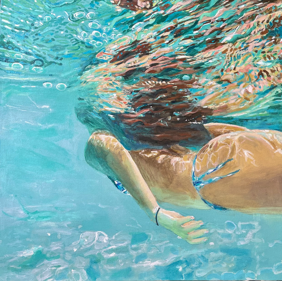 Acrylic painting of a woman swimming underwater through refracted aqua, sienna, and gold light, with quilt-like patterns of color suggesting strength, endurance, and renewal.