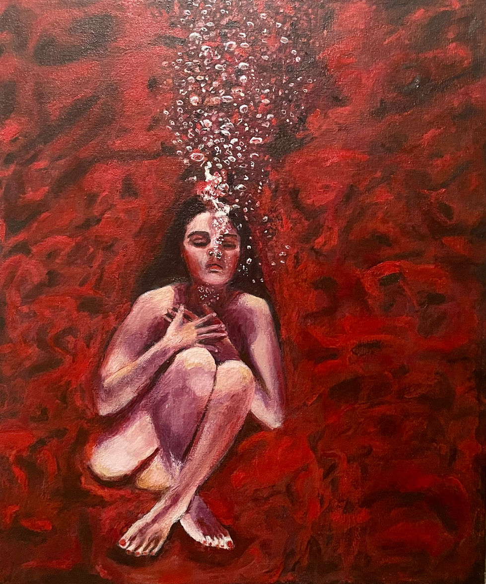 Crimson Resolve portrays a woman submerged in a field of glowing red and black, her hands clasped over her chest and legs crossed in quiet poise. Bubbles rise from her lips as she exhales, merging with sweeping, flame-like brushstrokes that radiate strength and composure.