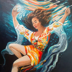 Rising Tides portrays a woman swimming through a quilt of refracted light and color. Shades of aqua green and soft brown move with her, transforming the surface into a living fabric of motion and strength.