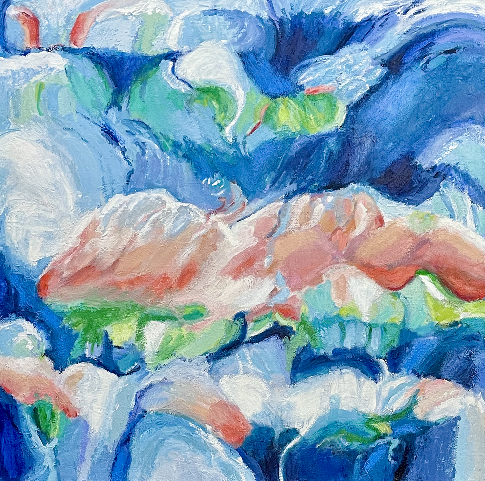 Abstract oil painting with sweeping strokes of blue, white, green, and pink, suggesting waves or clouds. 30 x 30 x 1.5 inches, 2024.
Would you like help building a consistent tone across your abstract series or refining this one for gallery submission? I can also help you batch alt text for similar works.