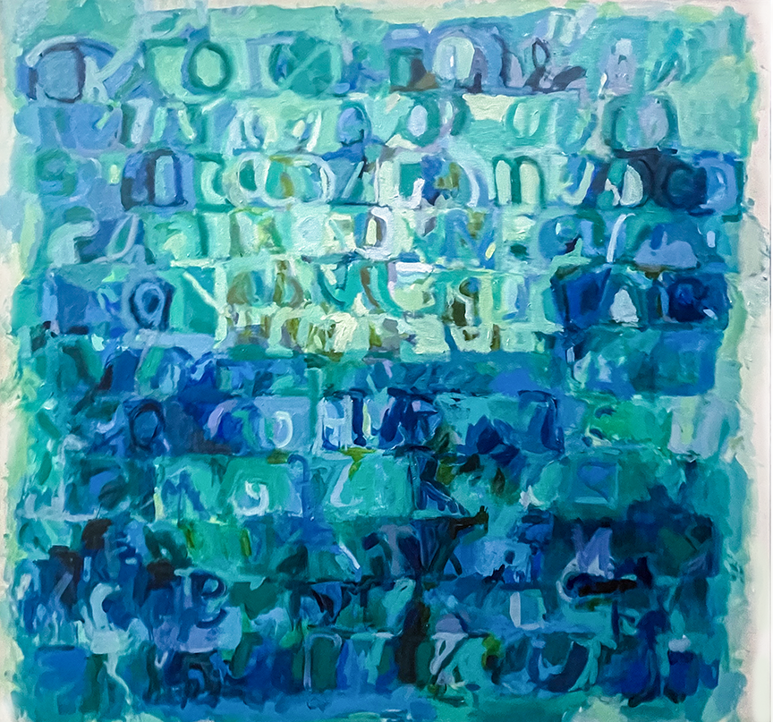 Large abstract acrylic painting in layered blue and green tones, featuring an uplifting lighter upper section that suggests city rooftops, open air, and a sense of calm above the urban landscape.