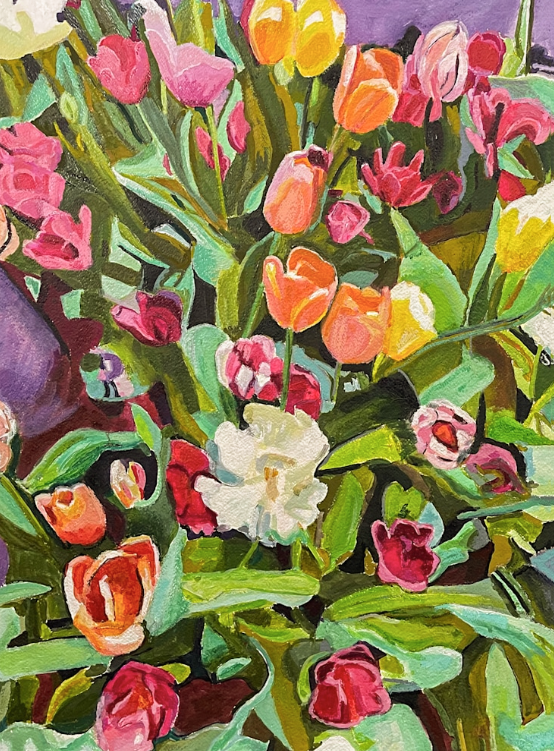 Original acrylic painting of vibrant tulips and colorful blooms inspired by Upper East Side flowerbeds in New York City, 22x30 inches, 2024.