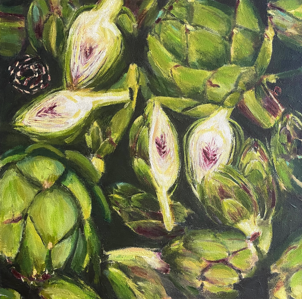 Original acrylic painting of green artichokes, cut open and arranged in a composition with violet and green tones, 24x24 inches, 2025.