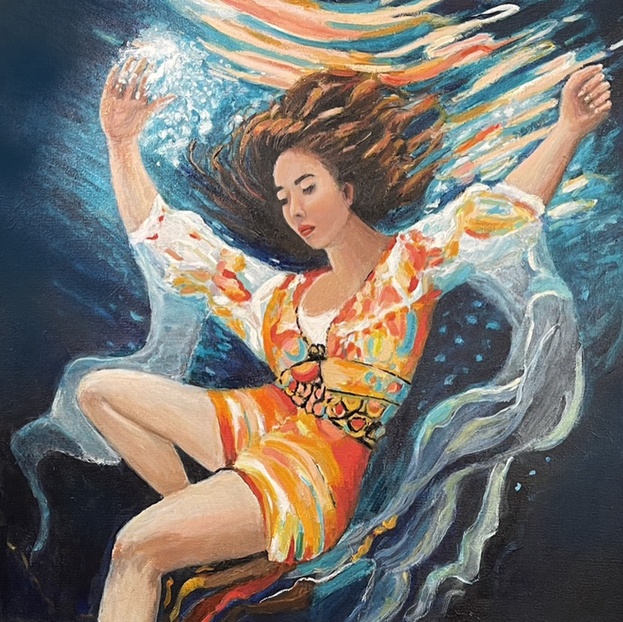 Original acrylic painting of an Asian woman in colorful sheer fabrics with bubbles, light rays, and turquoise sparkles, 30x30 inches, 2025.