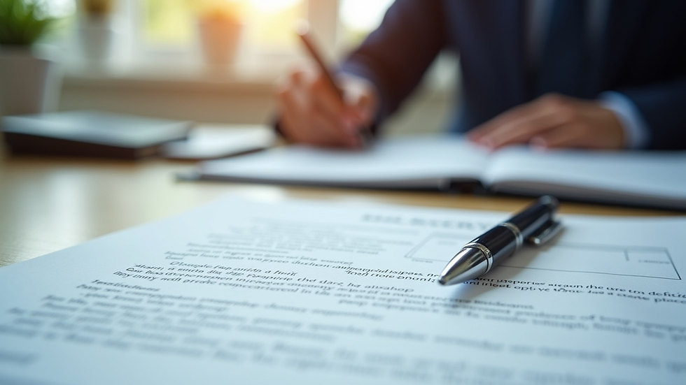 Eye-level view of a law office desk with estate planning documents and a pen