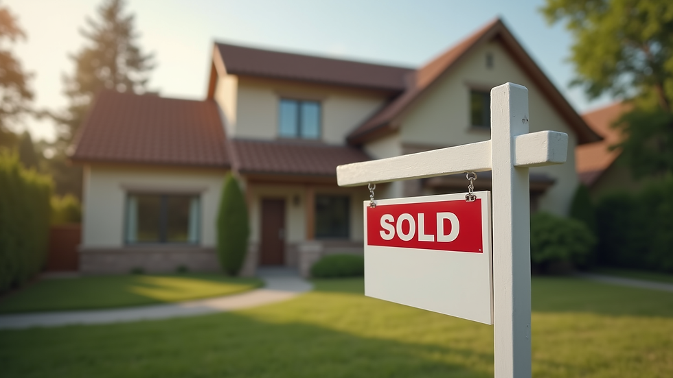 High angle view of a family home with a "Sold" sign in front
