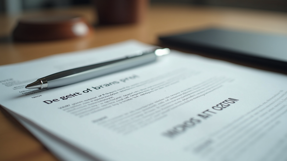 Close-up view of legal documents and a pen on a wooden desk