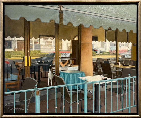 Emily Dubowski, framed painting of a restaurant's outdoor area.