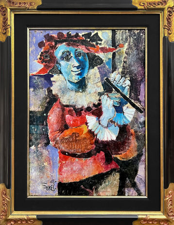 Portrait on metal leaf in black and gold frame.