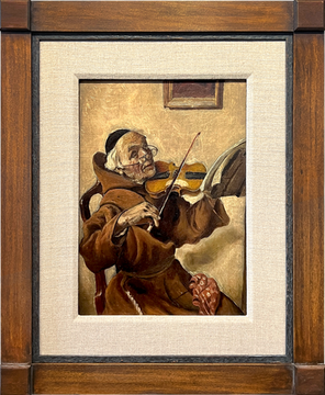 Framed oil painting of monk playing a fiddle.
