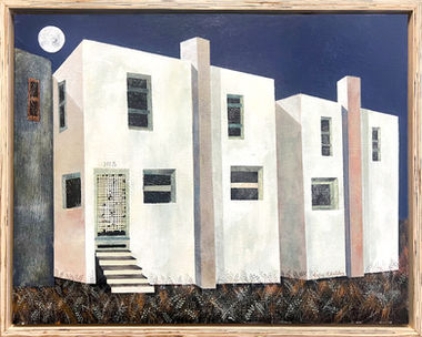 Framed acrylic painting of houses by Argus Childers.