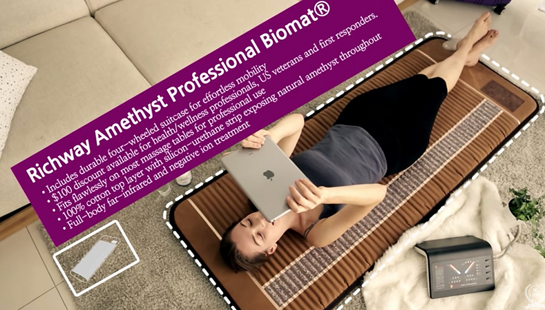 BioMat Professional Dimensions. Includes durable four wheeled suitcase for effortless mobility. $100 discount available for health and wellness professionals, US veterans and first responders, fits flawlessly on most massage tables for professional use, 100% cotton top layer with silicon urethane strip exposing natural amethyst throughout, full body far infrared and negative ion treatment