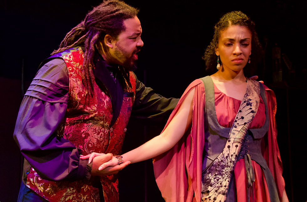 From left: Bruce A. Lemmon (King) and Carene Rose Mekertichyan (Girl) in "Room by the Sea" at Outside In Theatre (Photo by Mallury Patrick Pollard Photography)