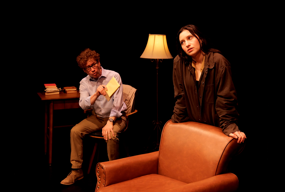 From left: Casey Morris (Todd) and Carolina Rodriguez (Susan) in "Blue Kiss" at Ruskin Group Theatre (Photo by Amelia Mulkey)